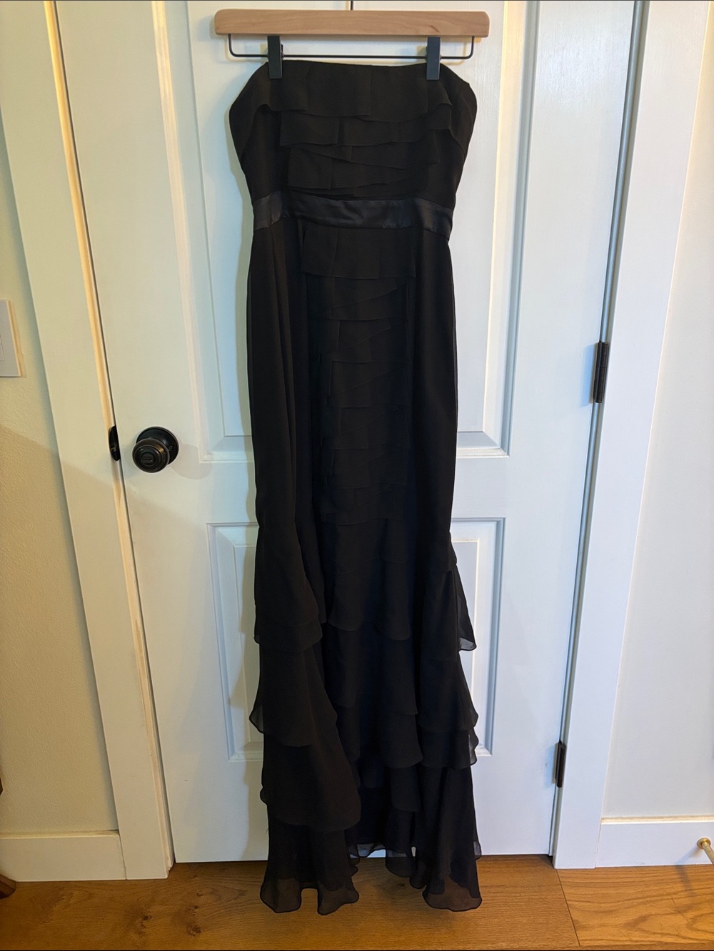BCBGMaxAzria Black Strapless Ruffled Gown